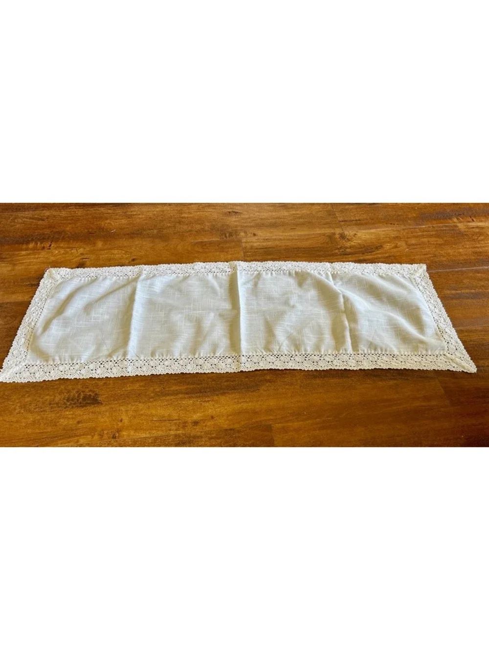 Vintage White Linen Table Runner with Crocheted Lace Edging
